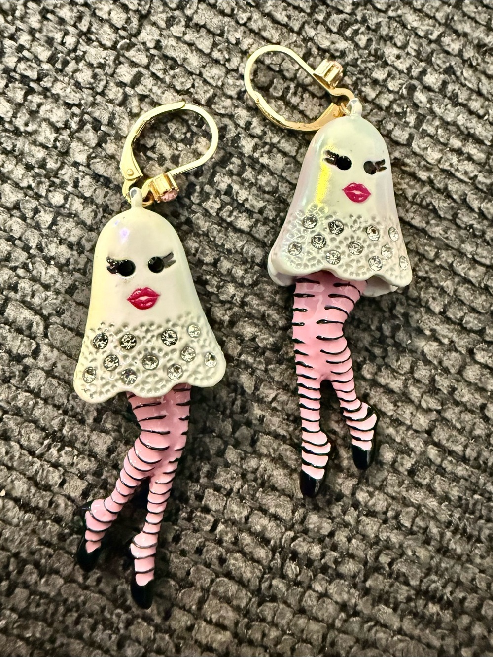 Betsey Johnson Pink & White Ghost Leg Drop Earrings with Crystal Accents